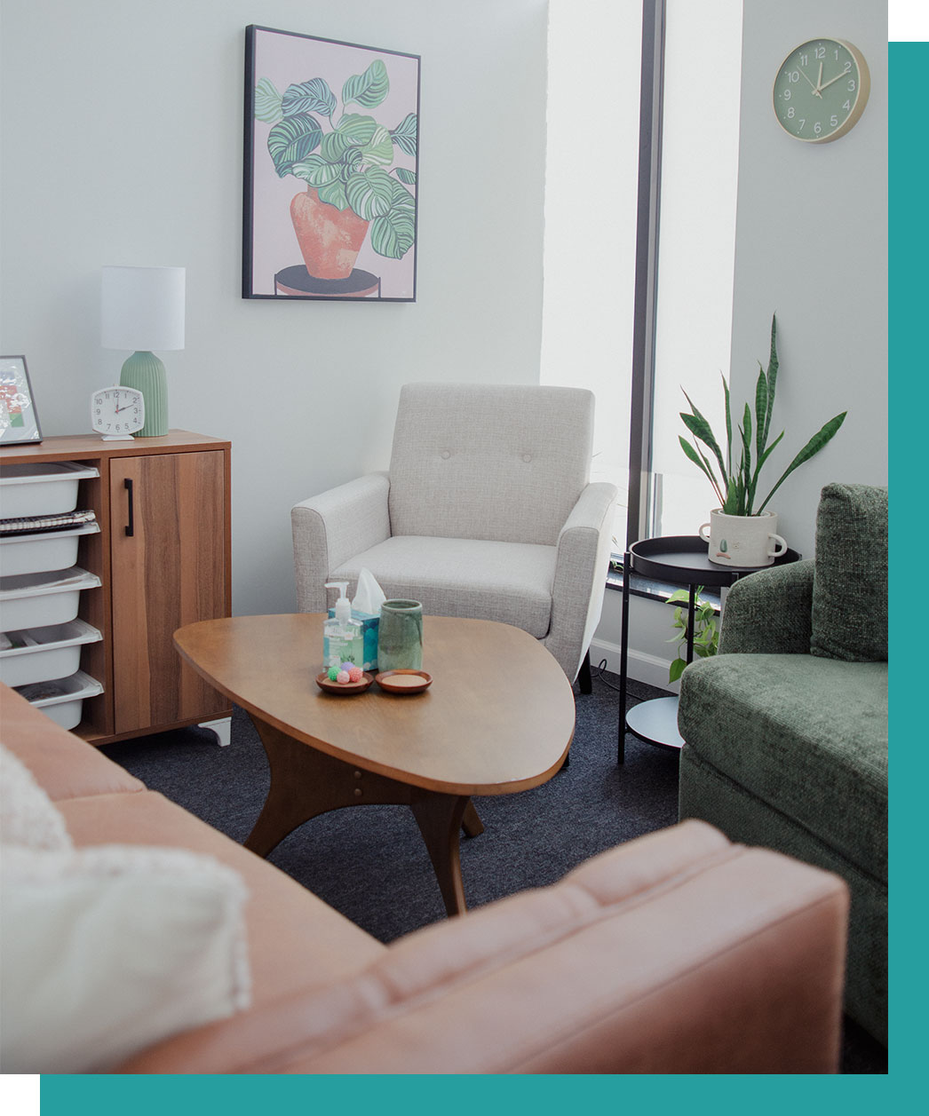 Therapy space within the Andersonville Mindfulness & Psychology's office Space